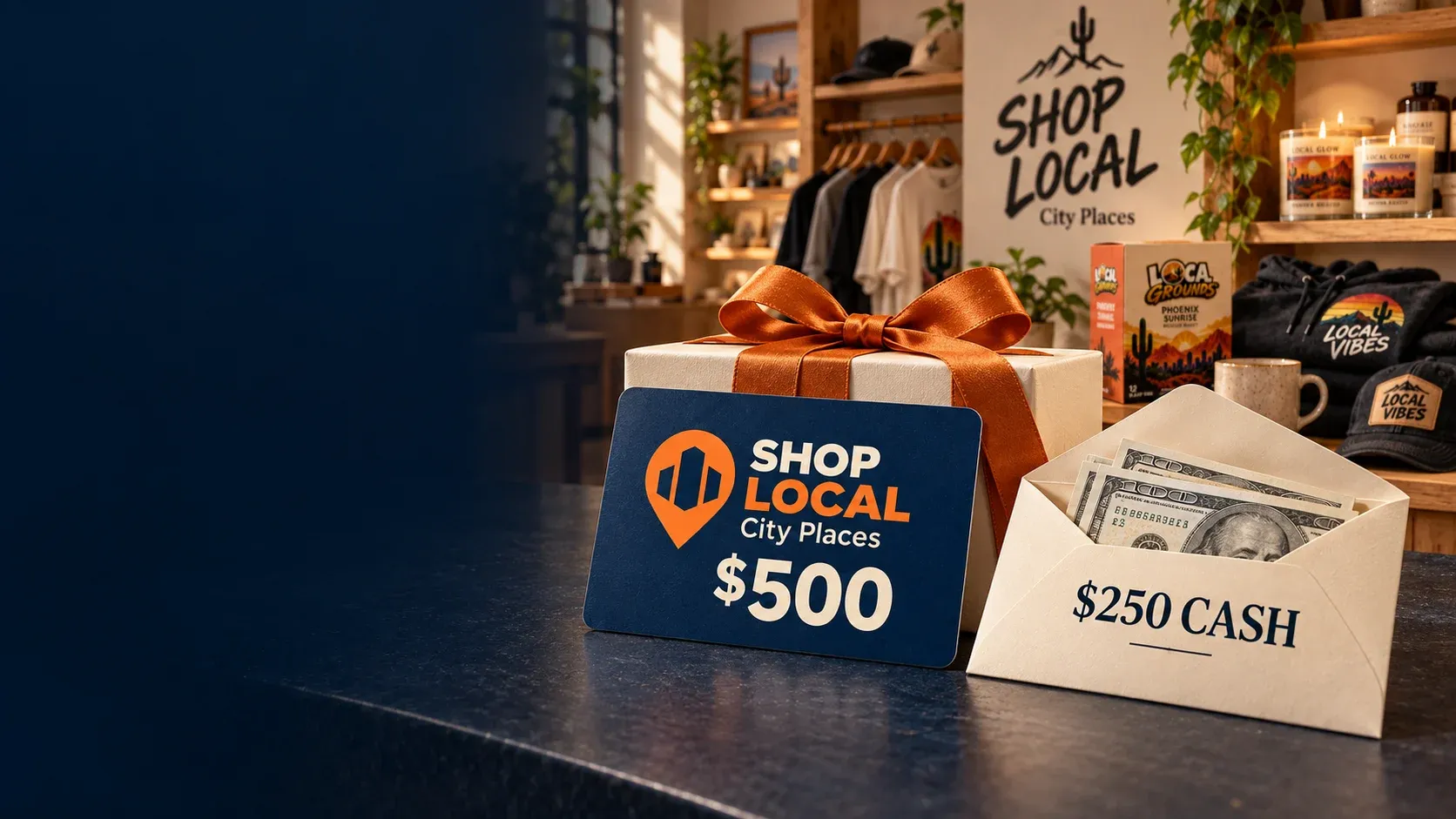 $500 SHOP LOCAL California Places gift card and $250 cash envelope in front of a SHOP LOCAL store and product display.